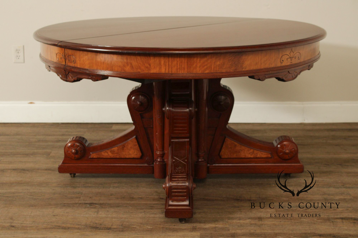 Antique Victorian Eastlake Walnut Expandable Pedestal Dining Table