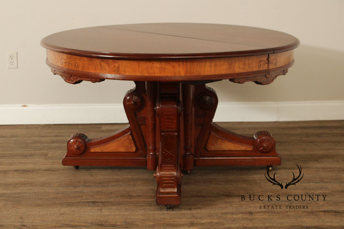 Antique Victorian Eastlake Walnut Expandable Pedestal Dining Table