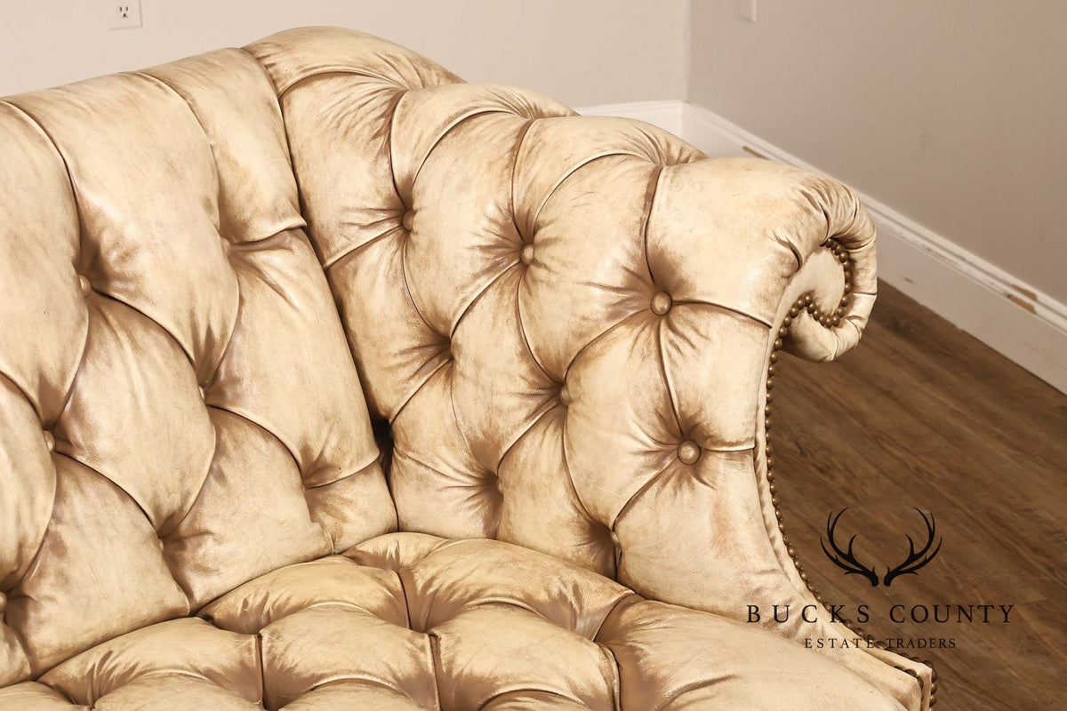 Chippendale Style Camelback Vintage Tufted Chesterfield Leather Sofa