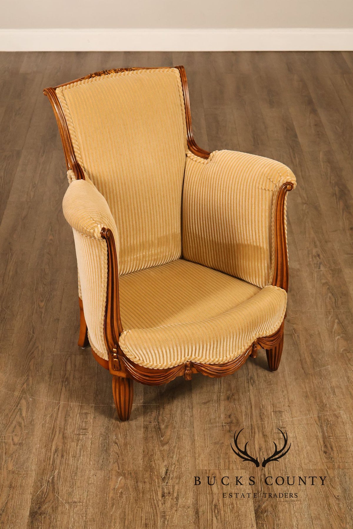Medea Furniture Pair of  Louis XVI Style Carved Bergere Armchairs With Gold Striped Velvet Upholstery