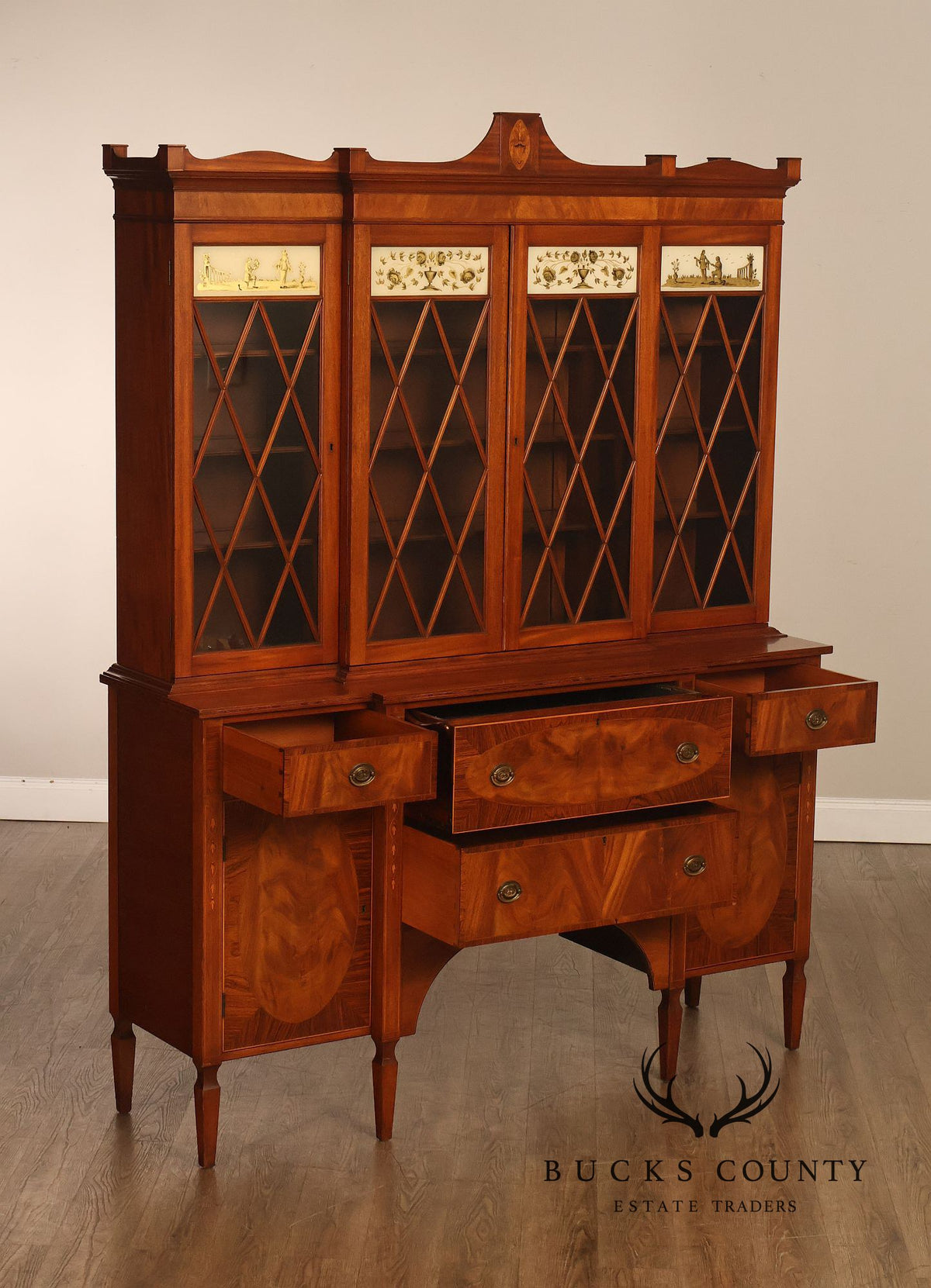 H. Sacks & Sons Marlboro Manor Federal Style Vintage Mahogany Breakfront Bookcase