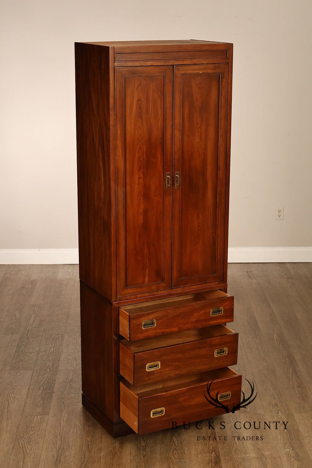 Ethan Allen Campaign Style Pair of Walnut Armoires