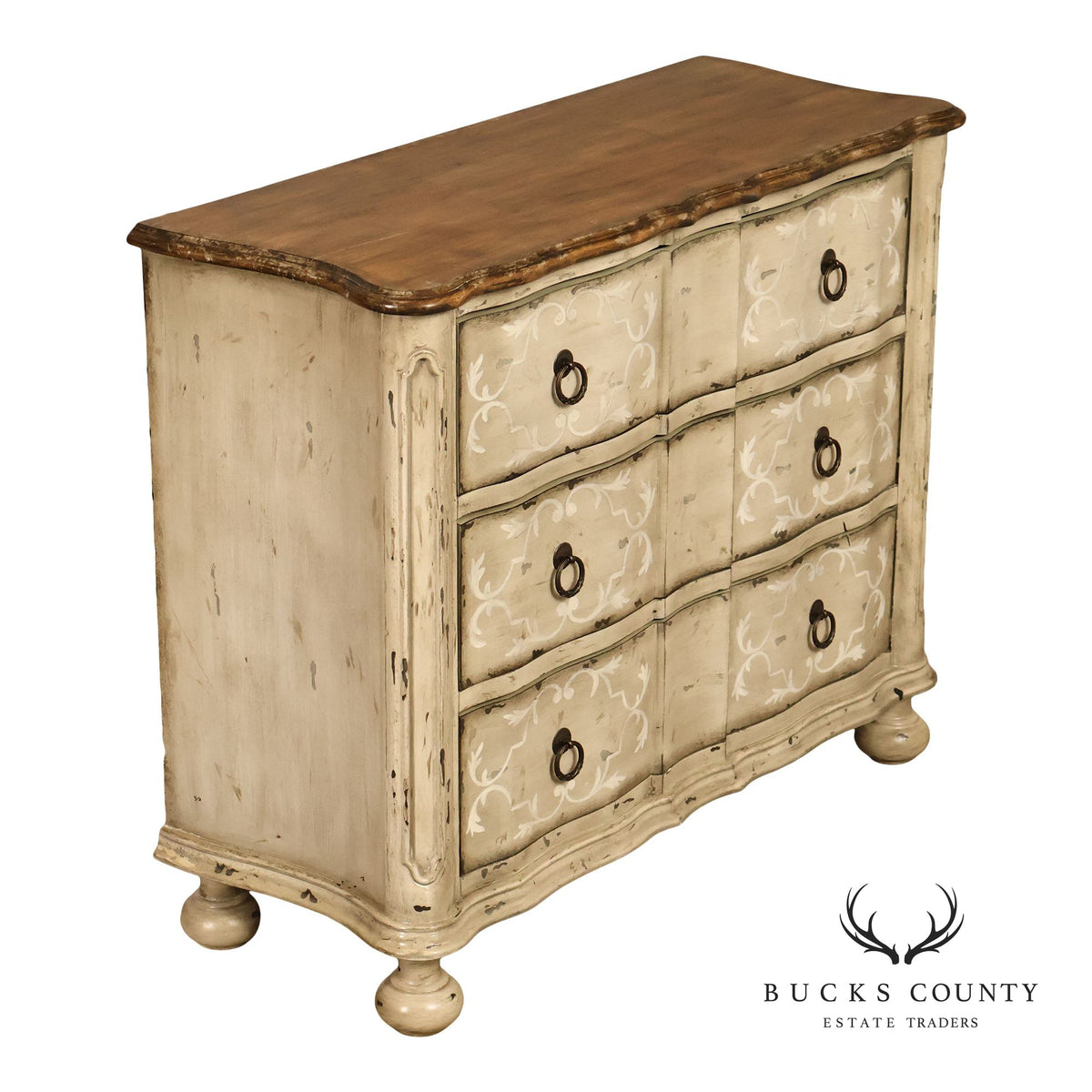 Painted Rustic European Style Three Drawer Chest With Distressed Finish