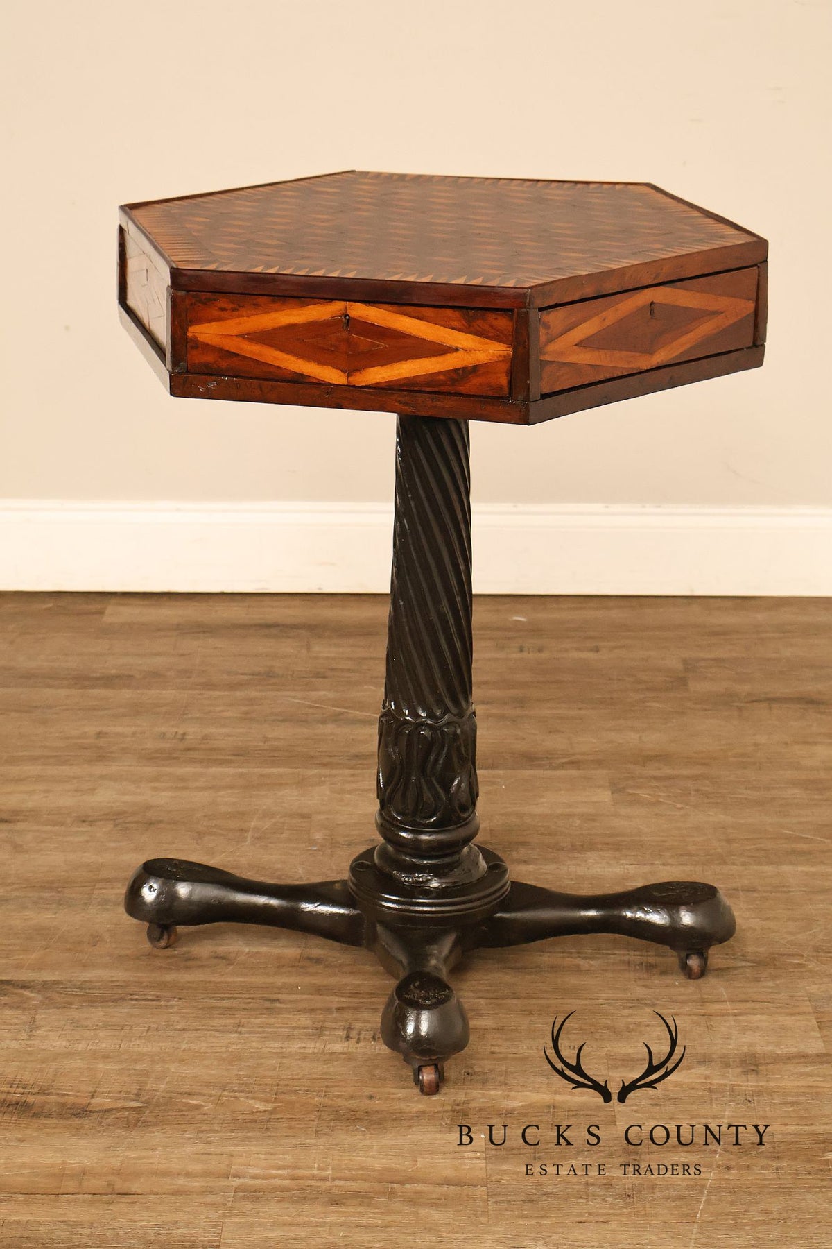 Antique British Colonial Game Table Geometric Wood Inlay