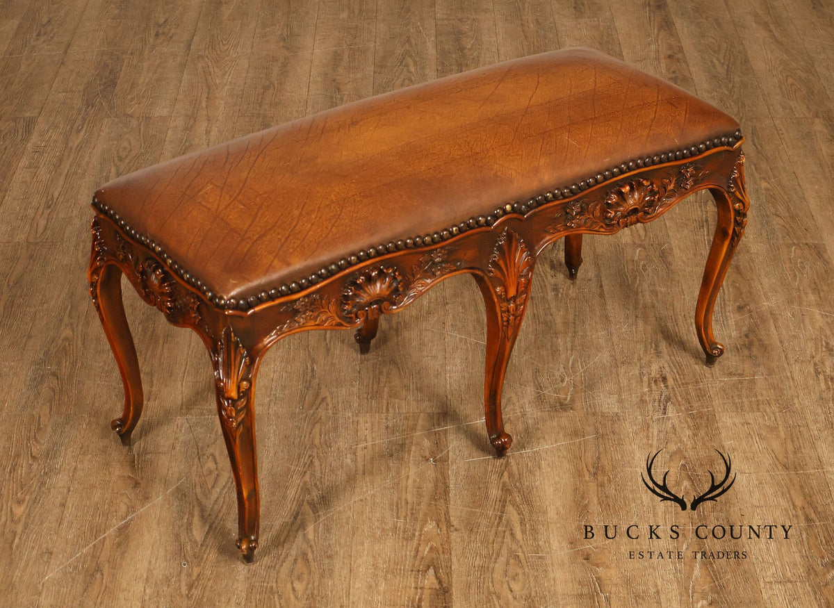 Rococo Style Leather Upholstered Carved Mahogany Window Bench