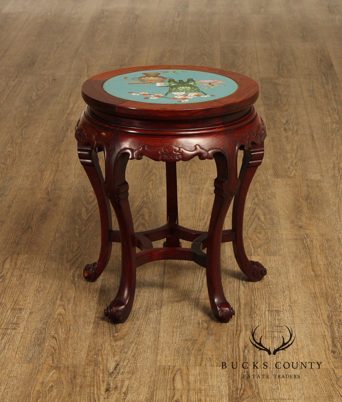 Pair of Chinese Style Cloisonné Inset Top Hardwood Accent Tables