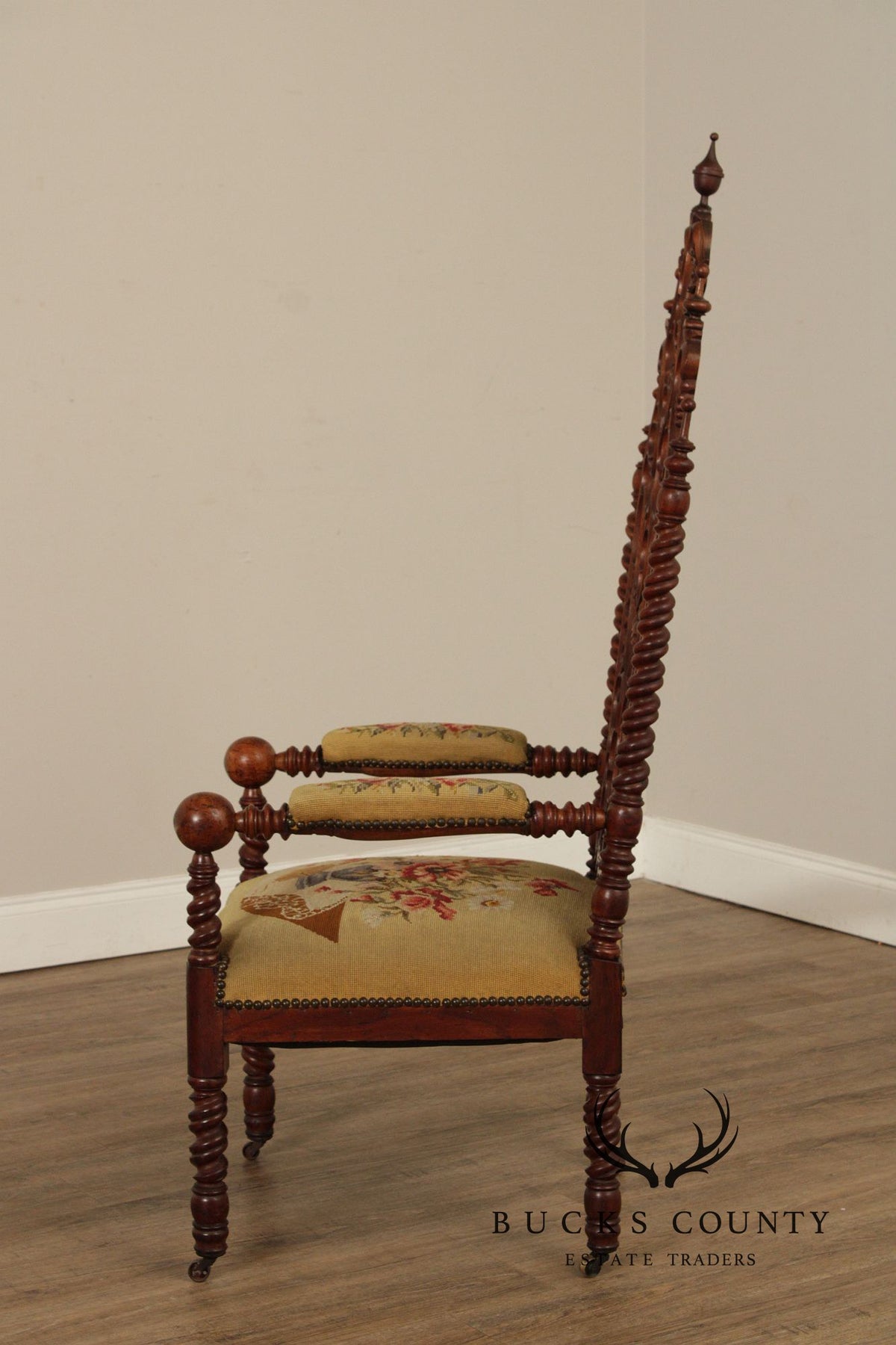 Antique American Gothic Revival Carved Walnut Throne Chair