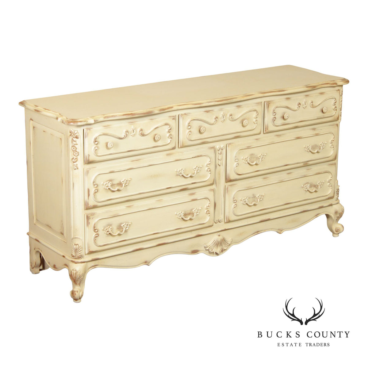 Lane French Provincial Style Distressed Cream Seven Drawer Dresser