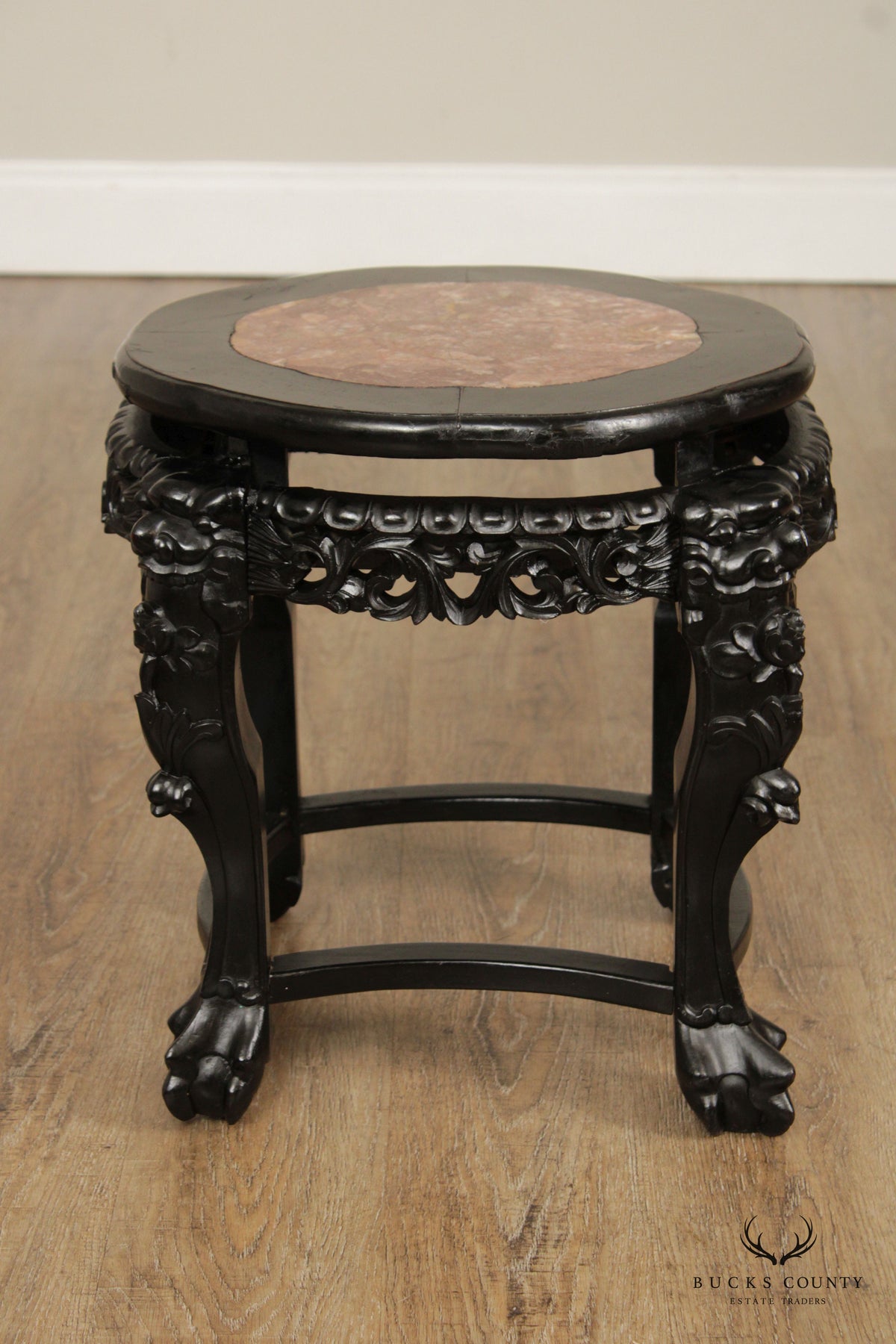 Chinese Carved Wood Stone-Top Low Stand