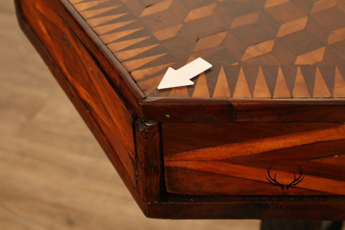 Antique British Colonial Game Table Geometric Wood Inlay