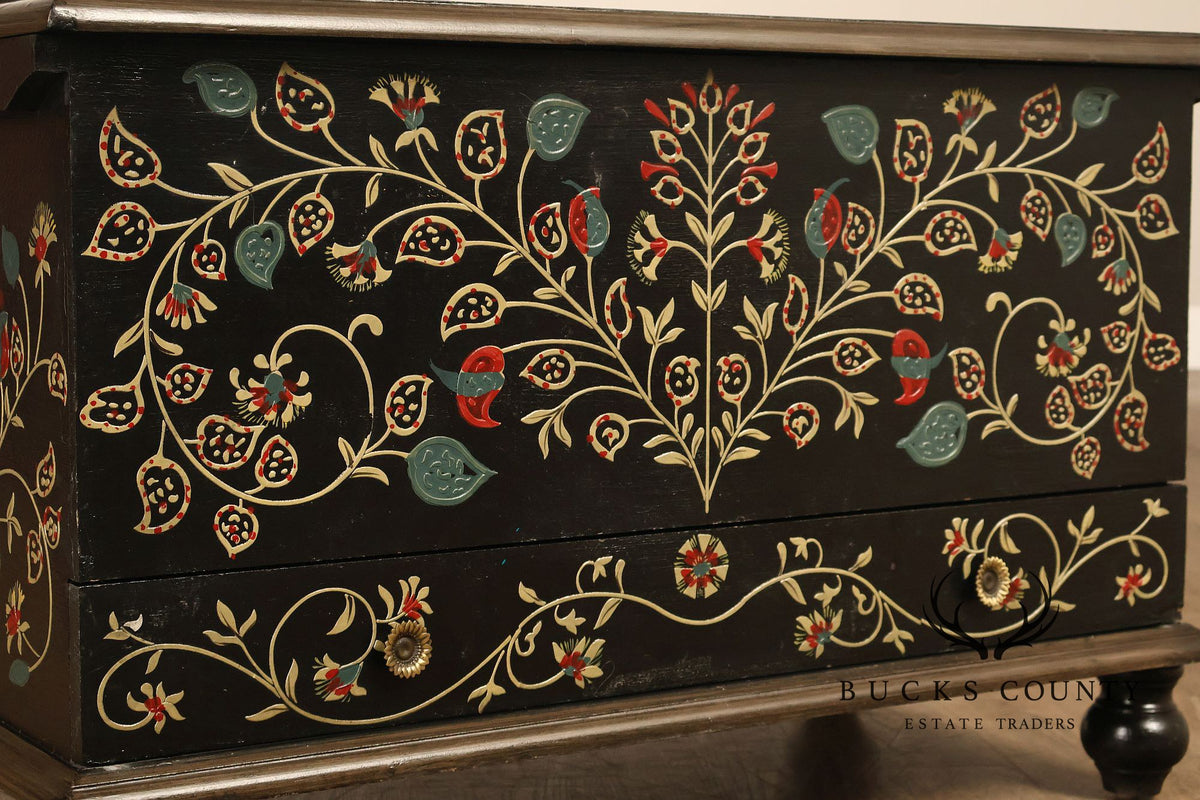 Hand Painted Black Floral Decorated Blanket Chest With Drawer
