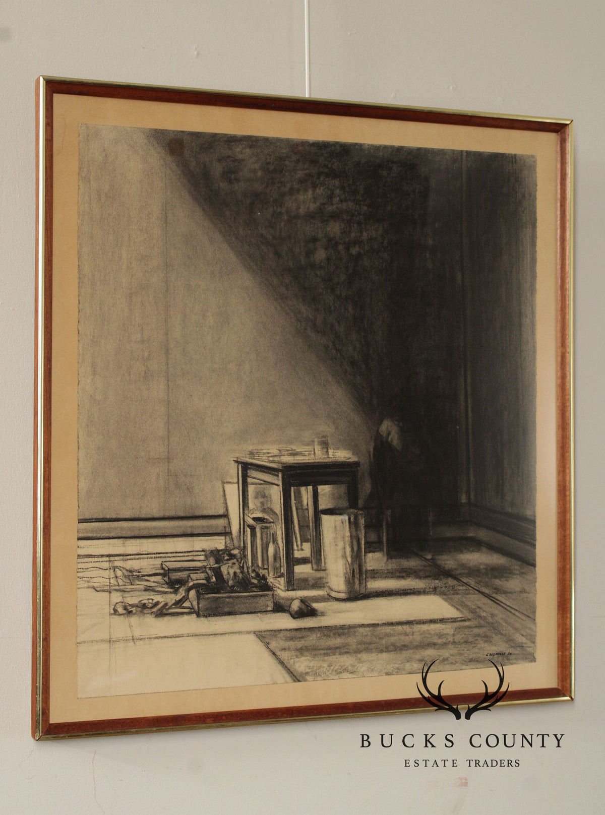 Sidney Goodman Charcoal Drawing, 'Interior with Figure'