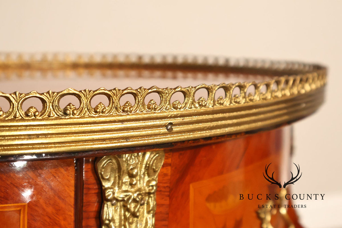 French Louis XVI Style Inlaid Oval Accent Table With Ormolu Mounts