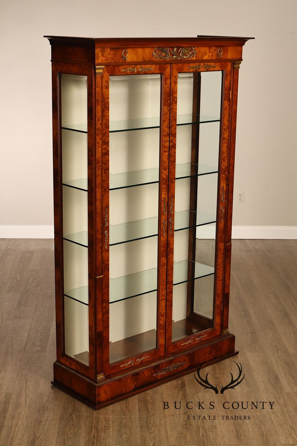 French Empire Style Burl Wood Vitrine Display Cabinet