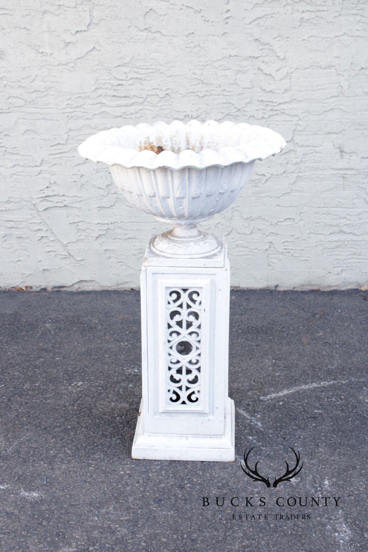 Vintage Pair of Painted Cast Iron Garden Urns on Stands