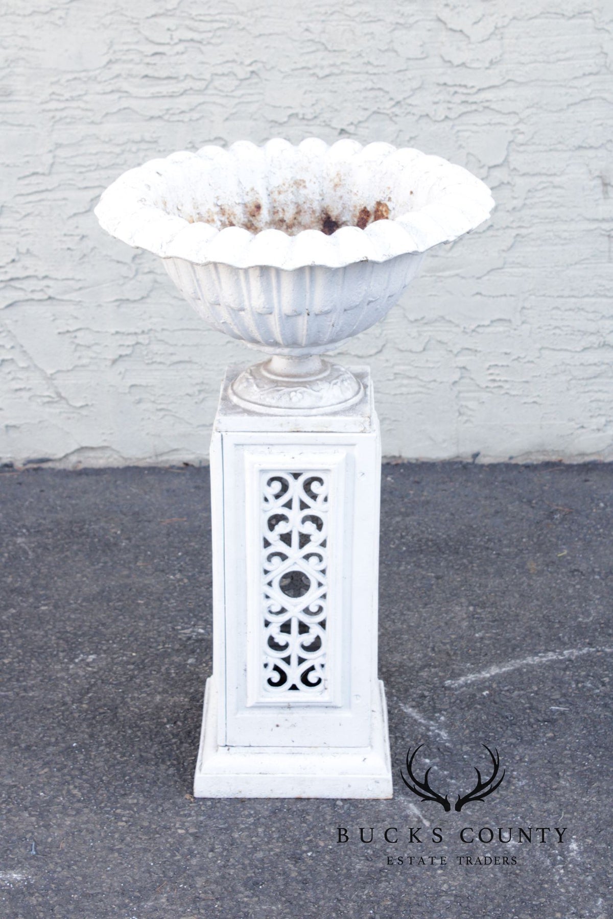 Vintage Pair of Painted Cast Iron Garden Urns on Stands