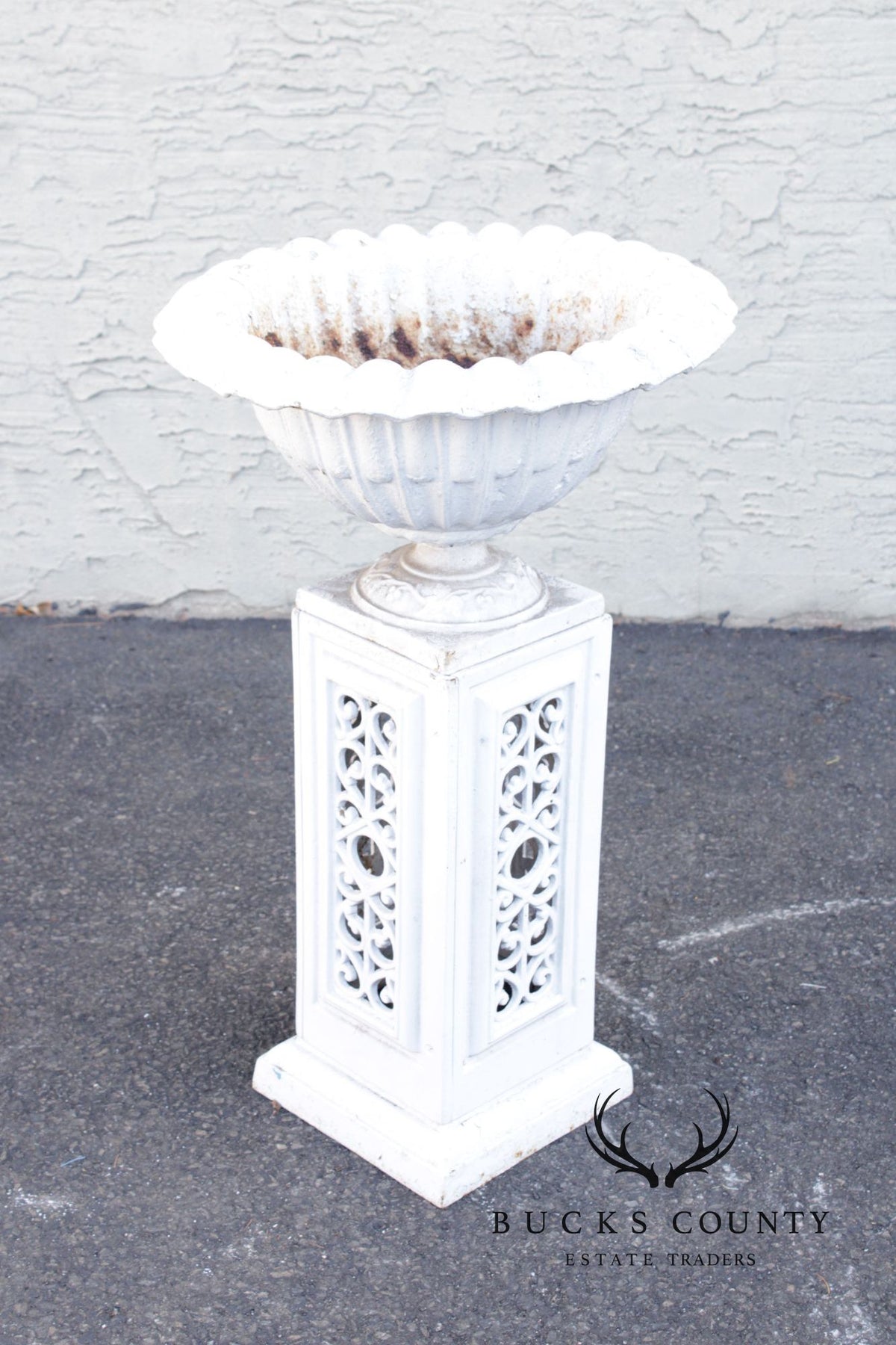Vintage Pair of Painted Cast Iron Garden Urns on Stands