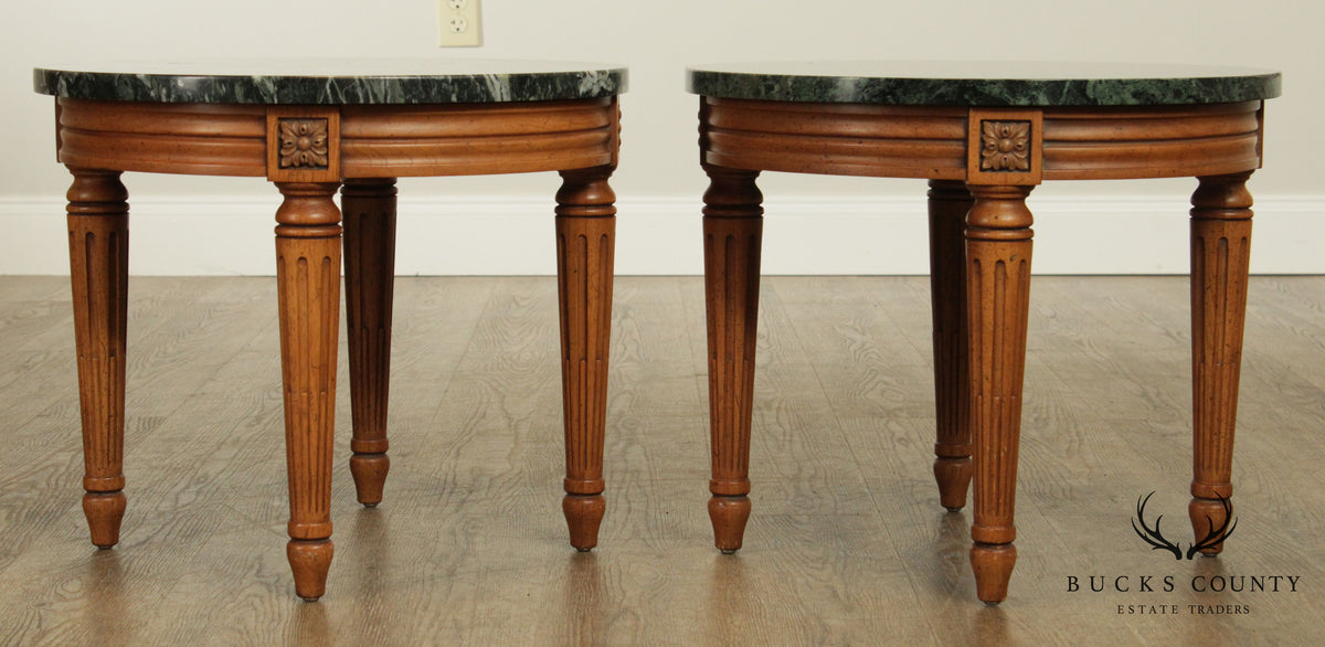 French Louis XVI Style Vintage Walnut Pair Round Marble Top Side Tables