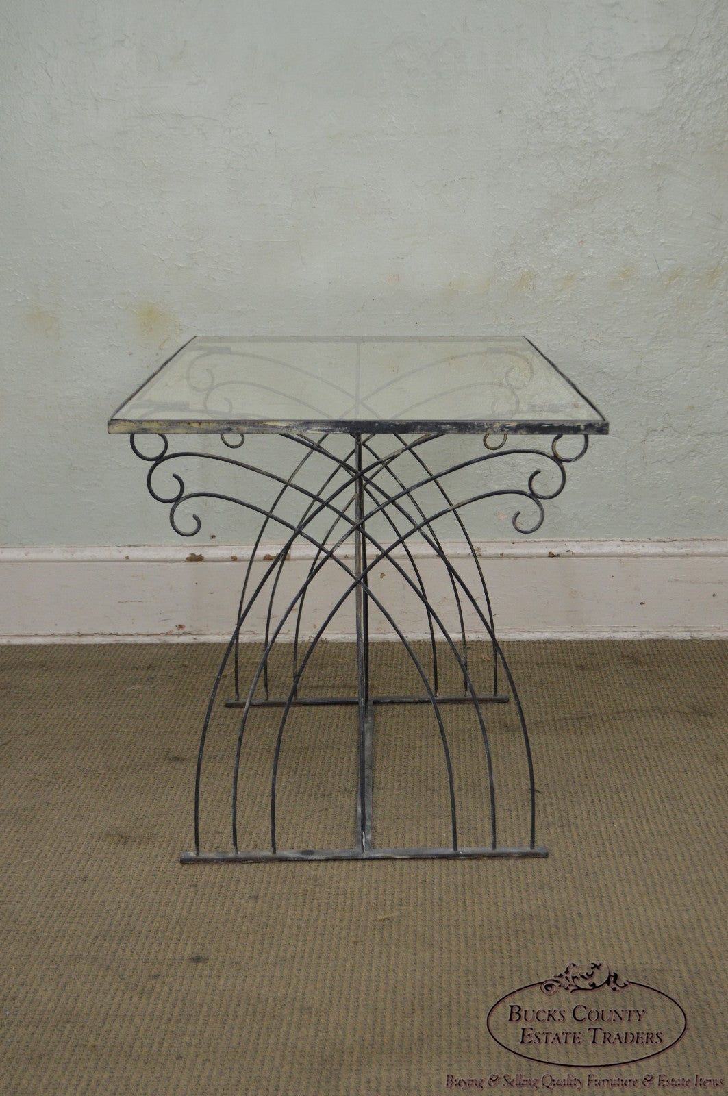 Art Deco Vintage Studio Wrought Iron Glass Top Patio Console Table