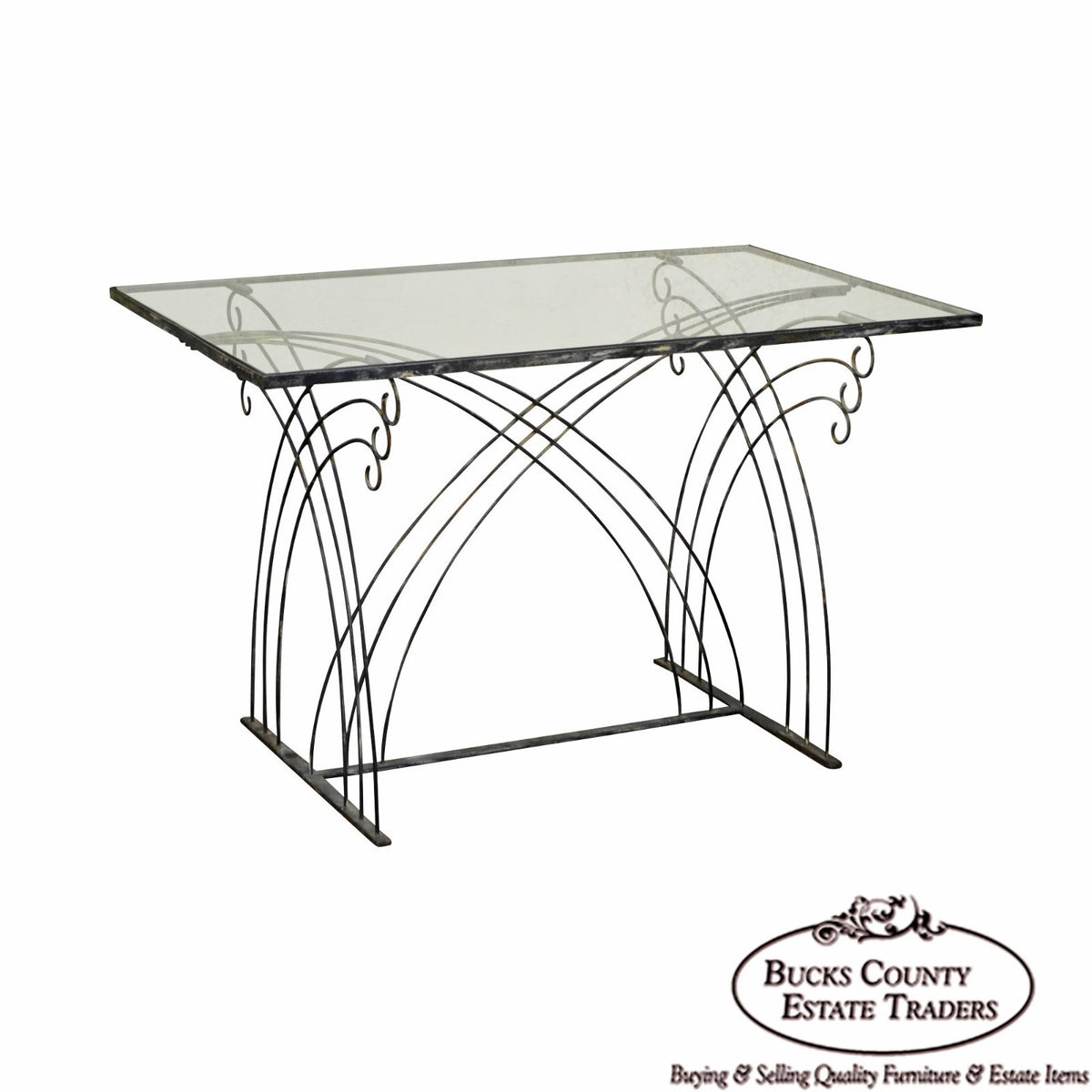 Art Deco Vintage Studio Wrought Iron Glass Top Patio Console Table