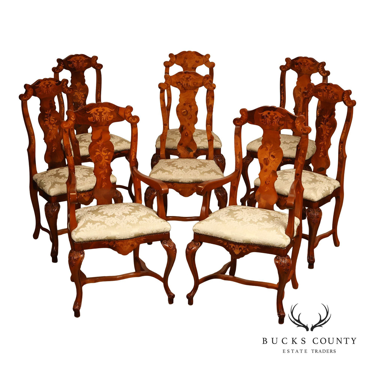 Italian Baroque Style Set of Eight Inlaid Olive Wood Dining Chairs