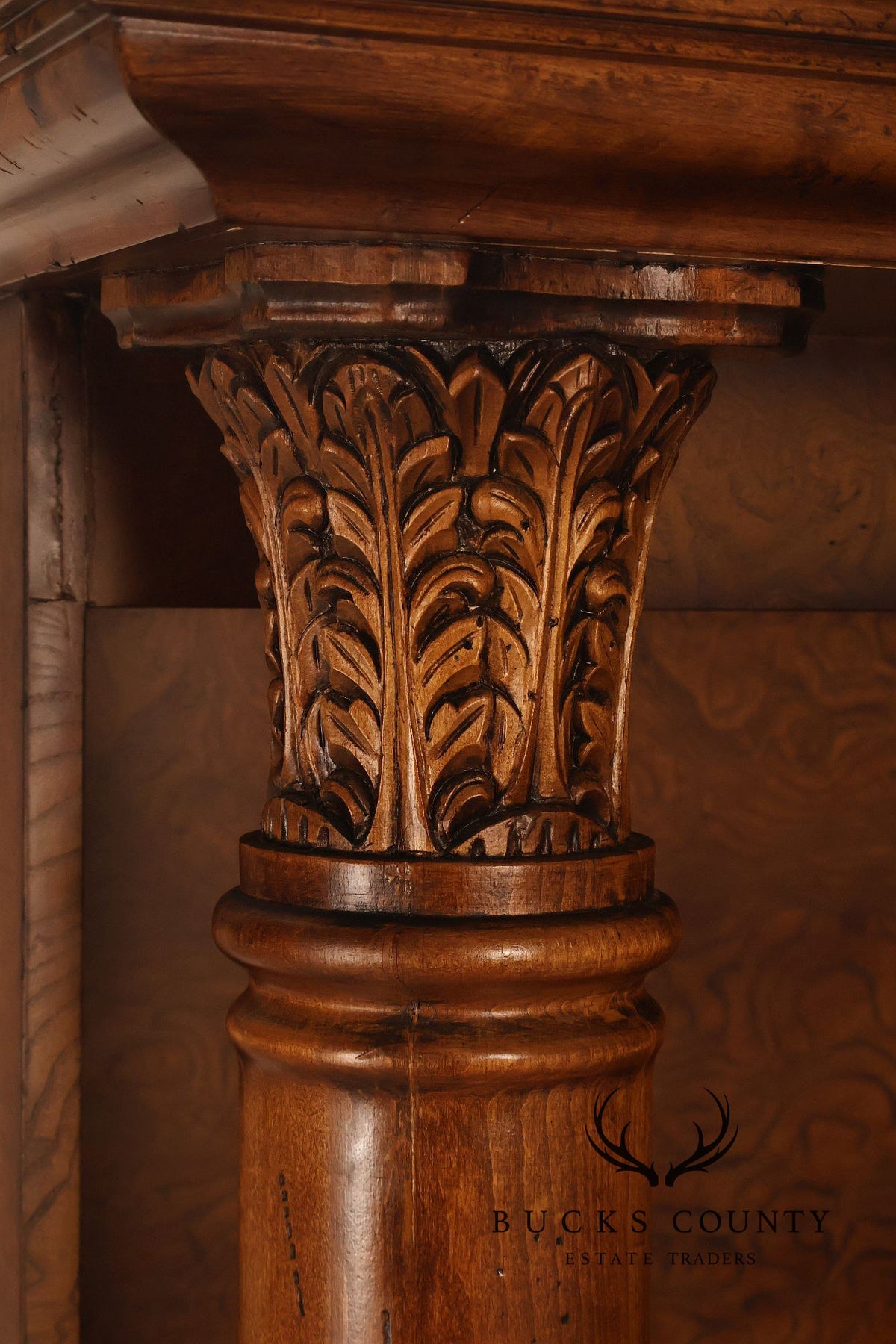 Large Classical Style Burl Wood Open Bookcase With Corinthian Columns
