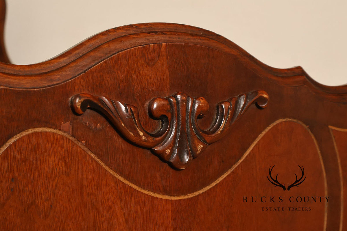 Antique Victorian Walnut Full Size Bedframe With Carved Floral Accents And Decorative Inlay