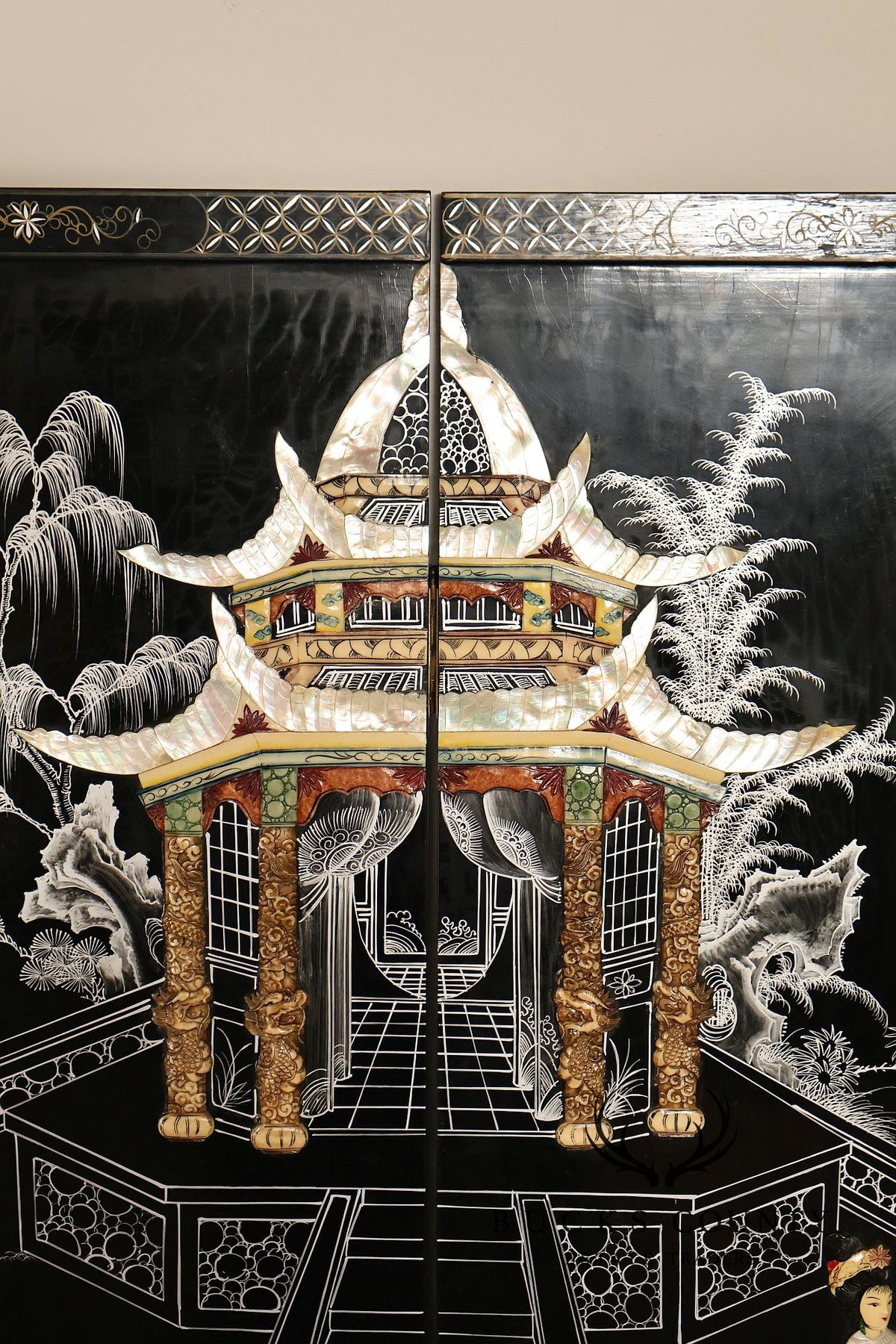 Asian Black Lacquer Vintage Pair Of Four Panel Folding Screens With Mother Of Pearl Inlay