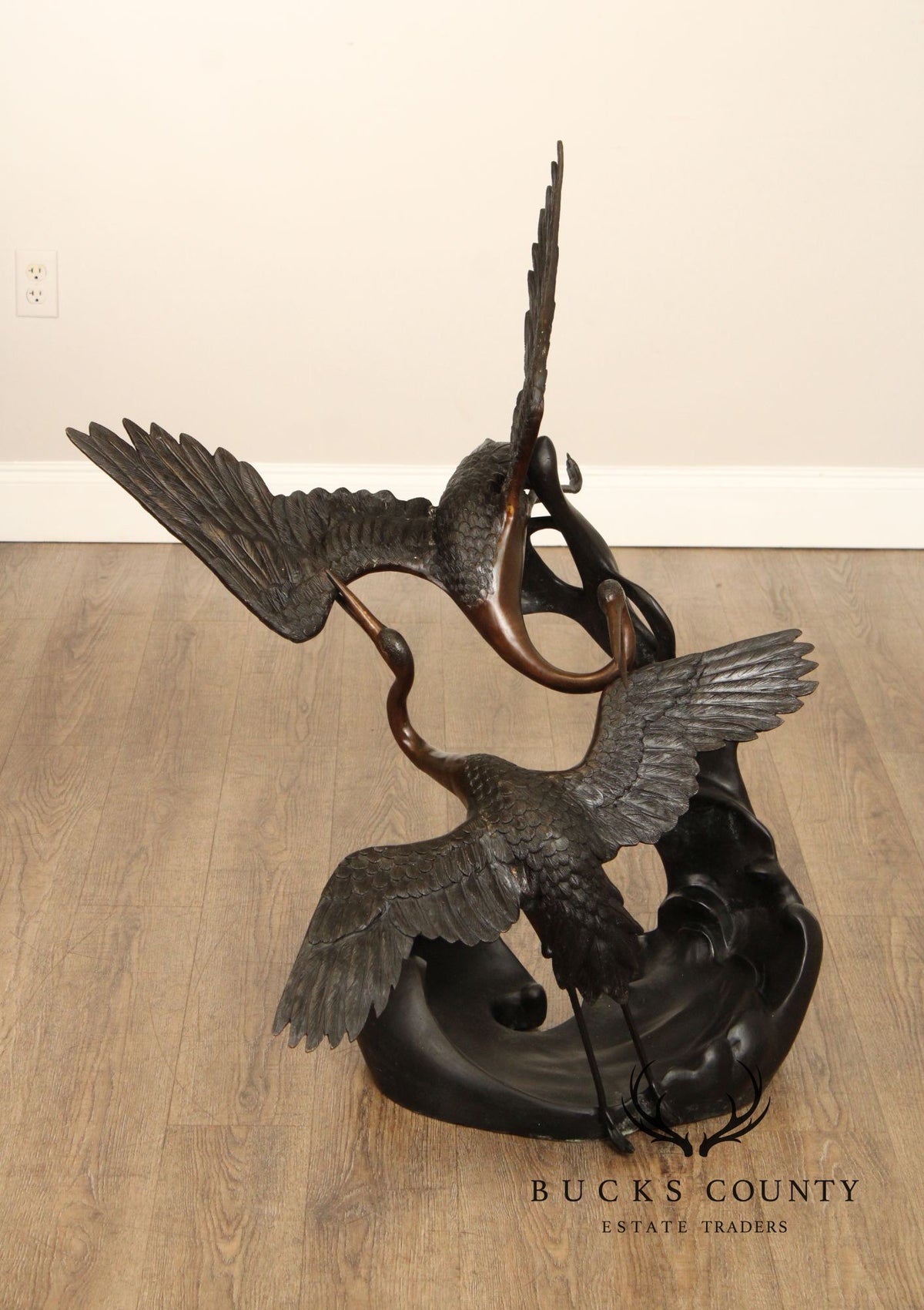 Large Bronze Modern Sculpture Of Two Cranes In Flight