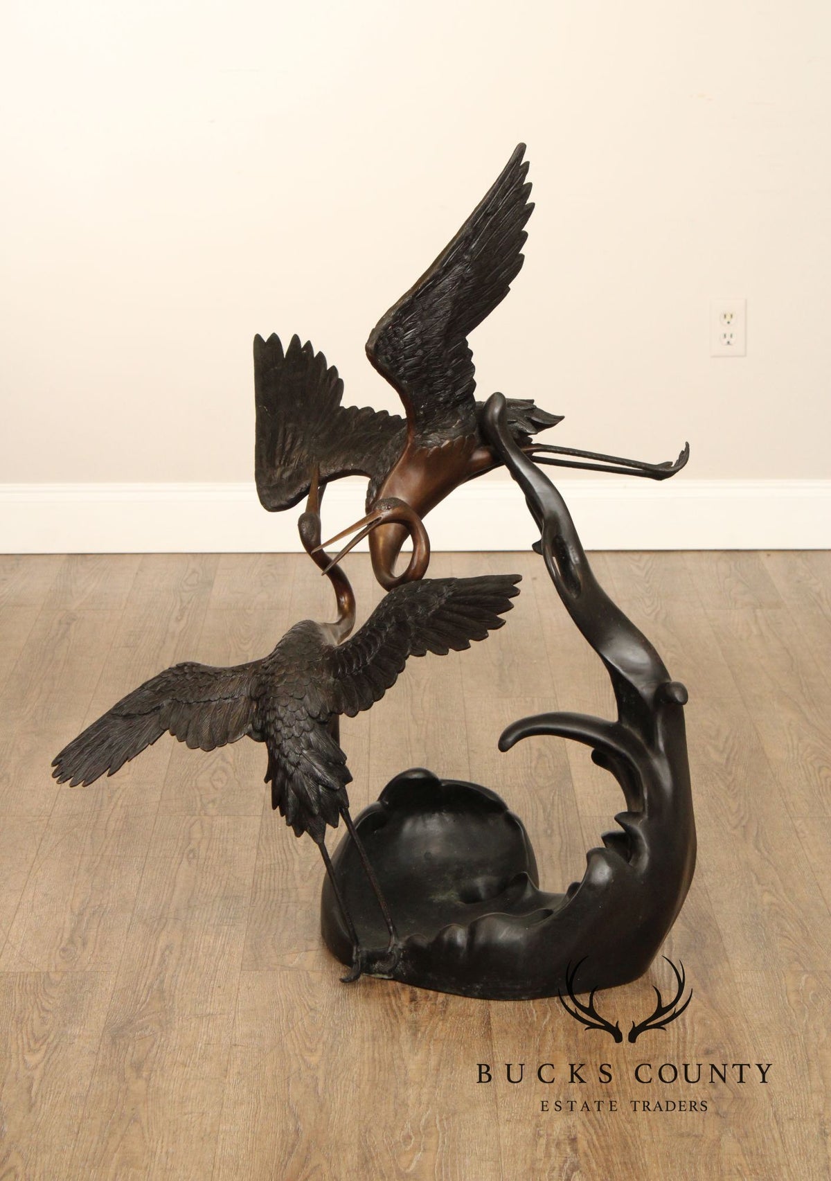 Large Bronze Modern Sculpture Of Two Cranes In Flight
