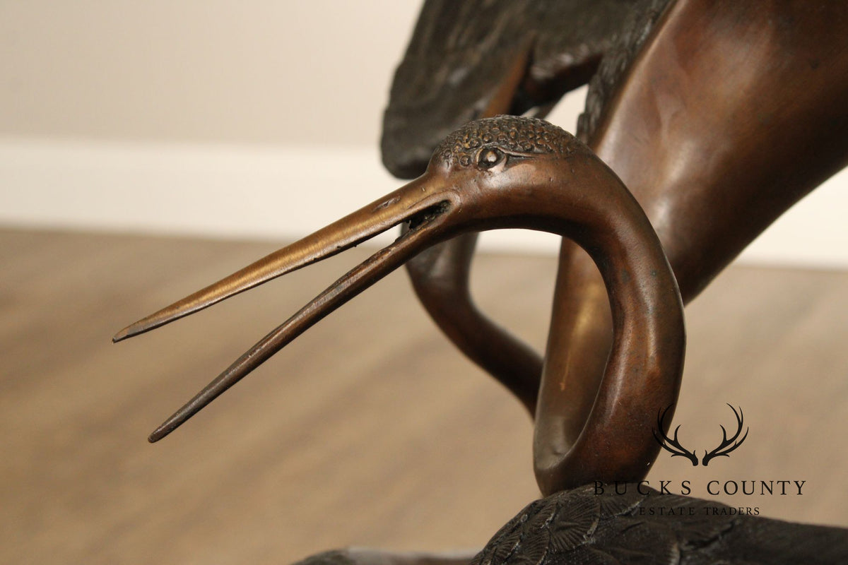 Large Bronze Modern Sculpture Of Two Cranes In Flight