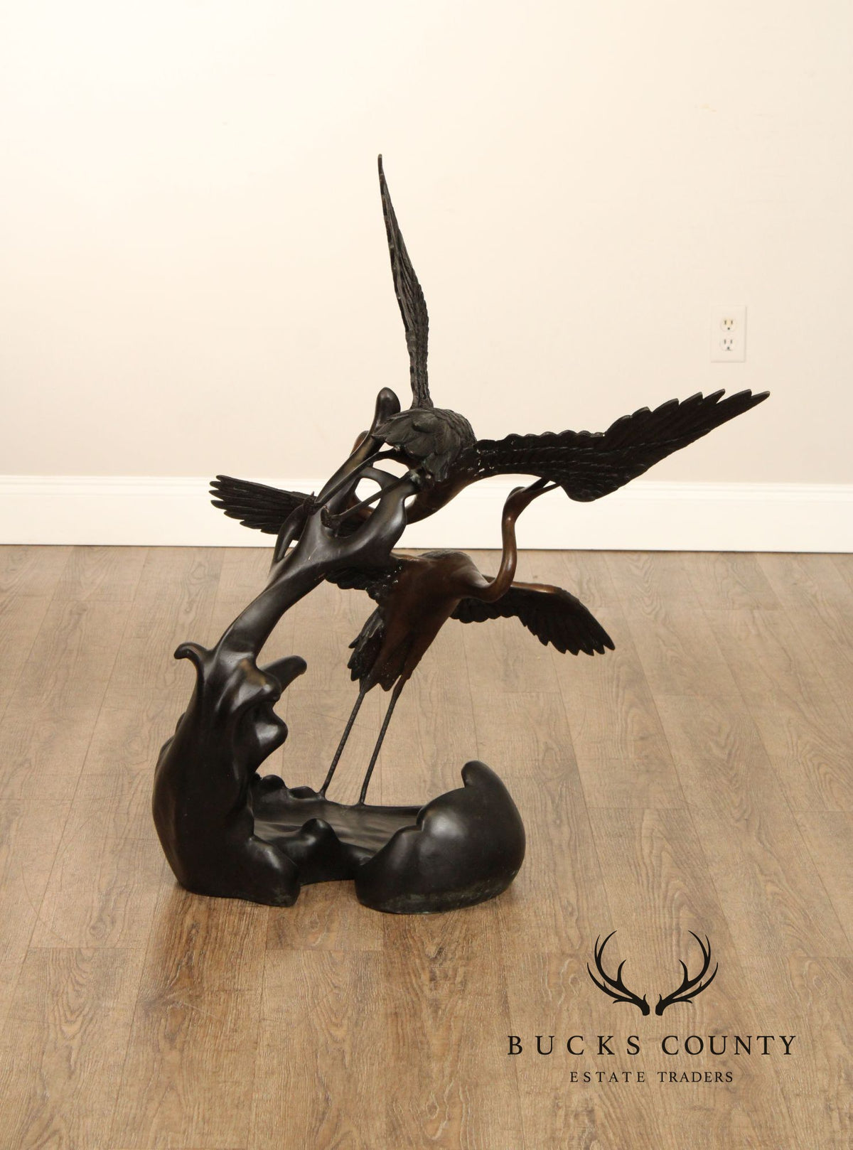 Large Bronze Modern Sculpture Of Two Cranes In Flight