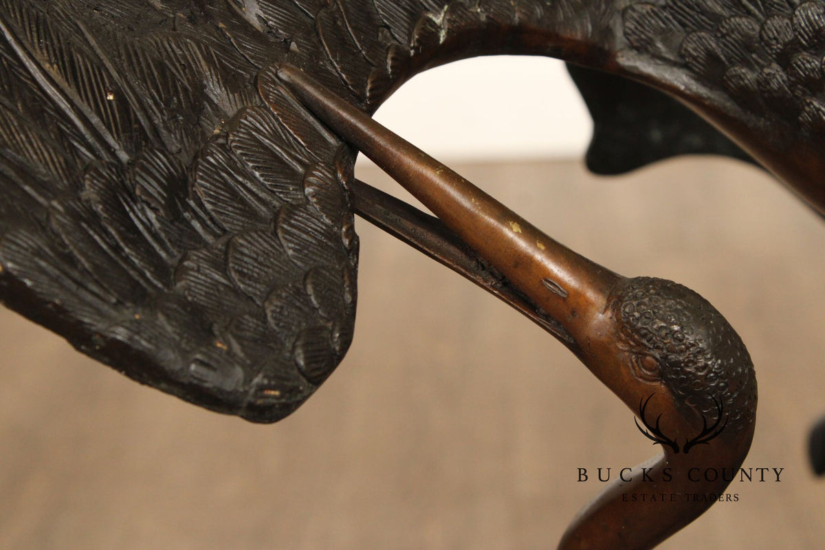 Large Bronze Modern Sculpture Of Two Cranes In Flight