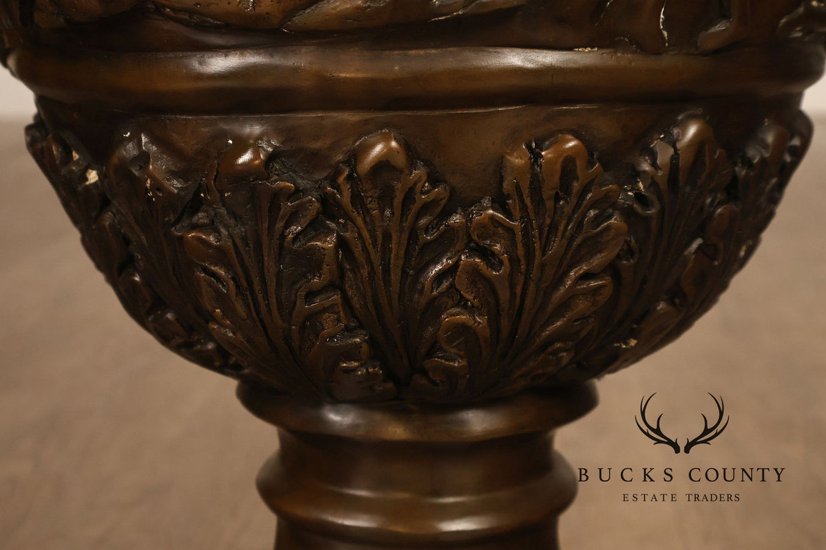 Neoclassical Style Large Pair Of Cast Bronze Covered Urns With Figural Relief