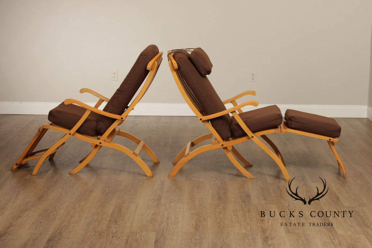 Vintage Campaign Style Pair of Maple Folding Cruise Ship Steamer Lounge Chairs