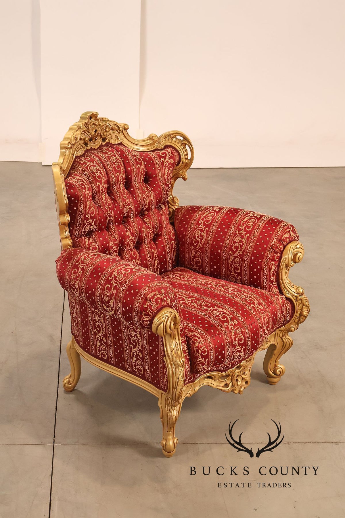 Baroque Style Pair Of Giltwood Armchairs With Red Damask Upholstery