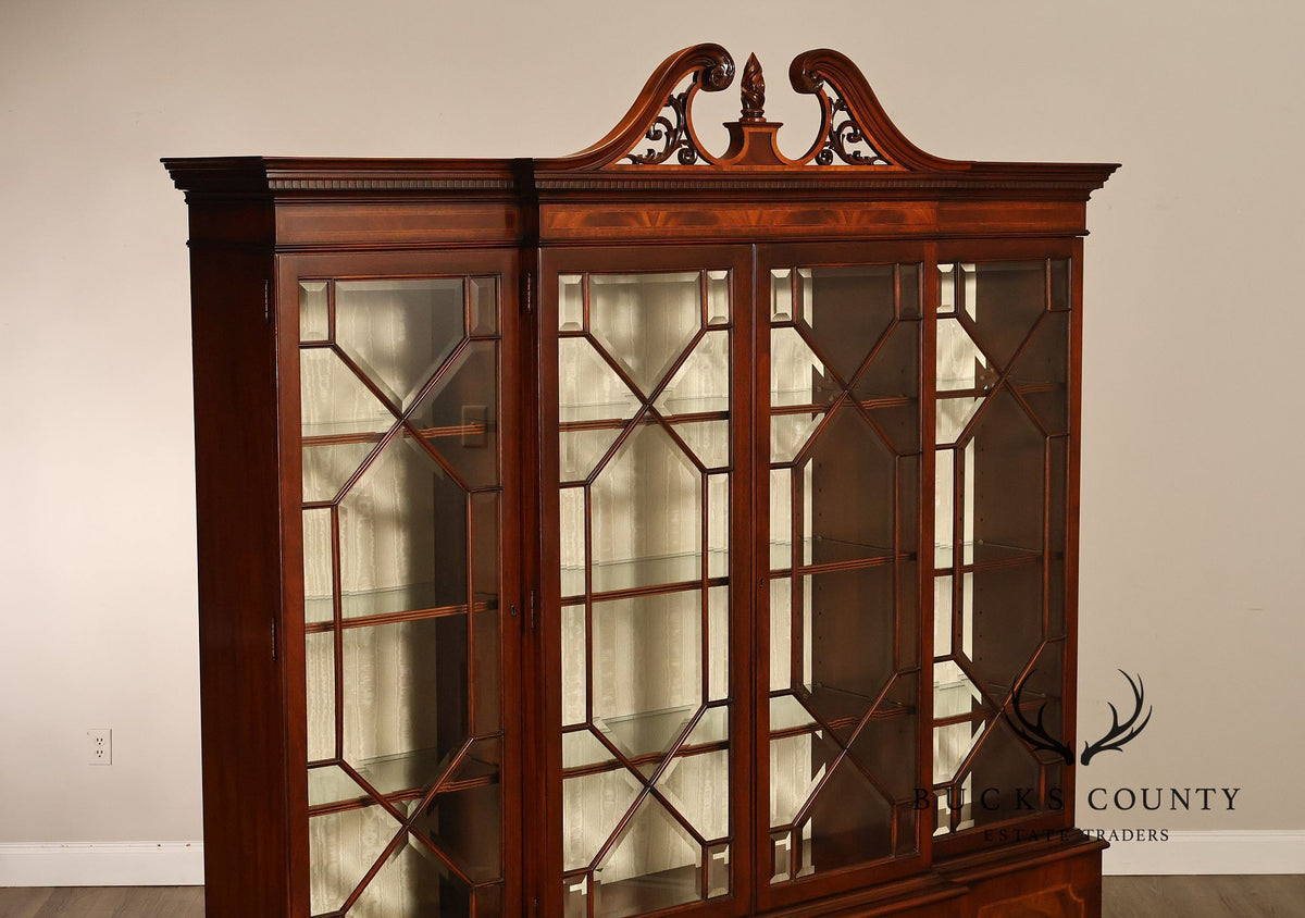Karges English Style Mahogany Breakfront China Cabinet Display Bookcase with Carved Pediment and Silk Backing
