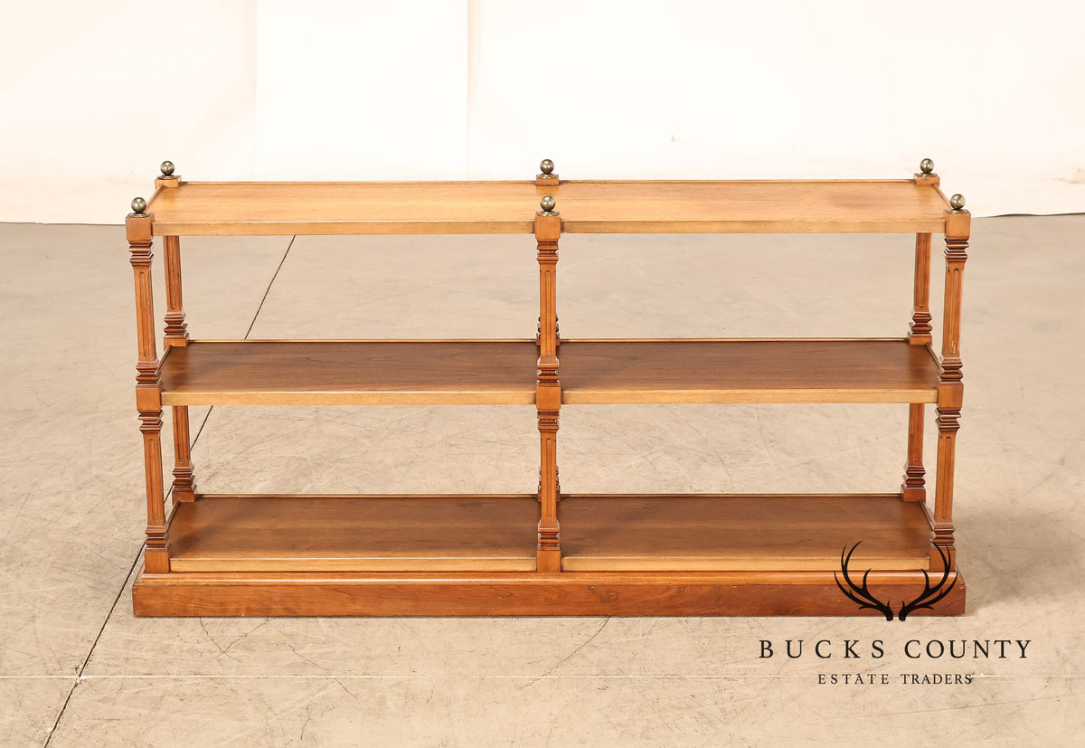 Brandt Furniture Regency Style Walnut Three-Tier Open Etagere Bookcase With Brass Ball Finials