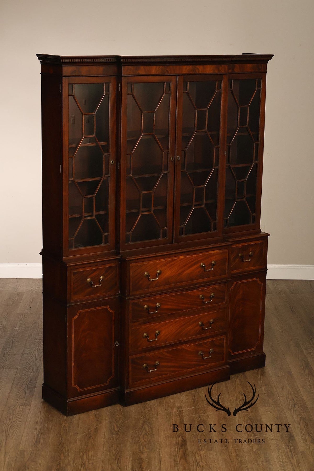 Georgian Style Mahogany Breakfront China Cabinet With Secretary Desk