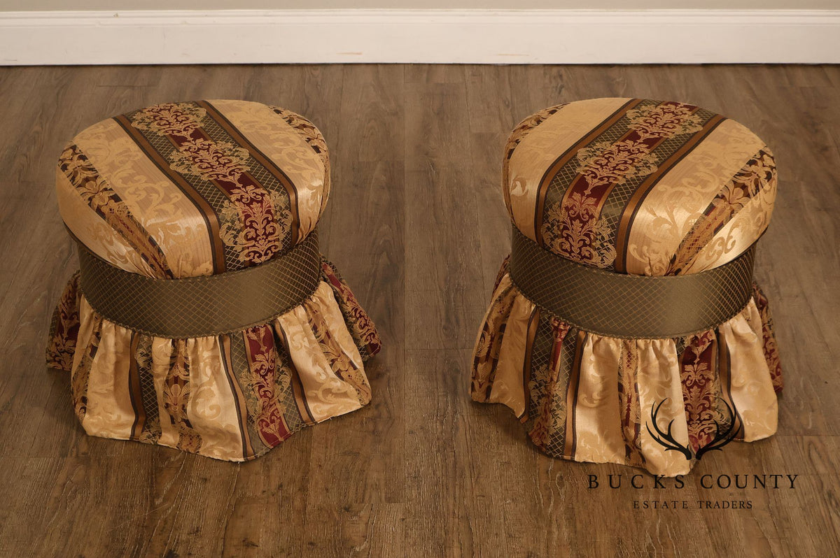 Pair Of Traditional Upholstered Skirted Round Ottomans