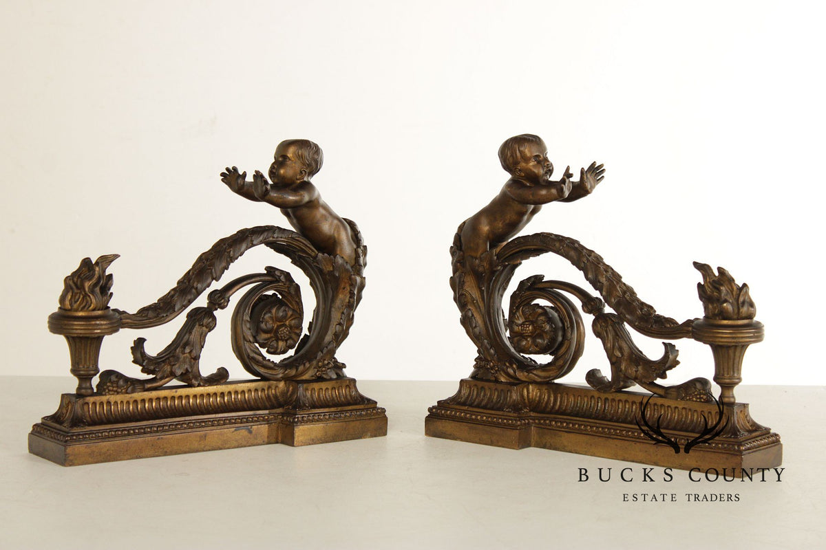 French Louis XV Style Antique Bronze Pair of Cherub Andirons