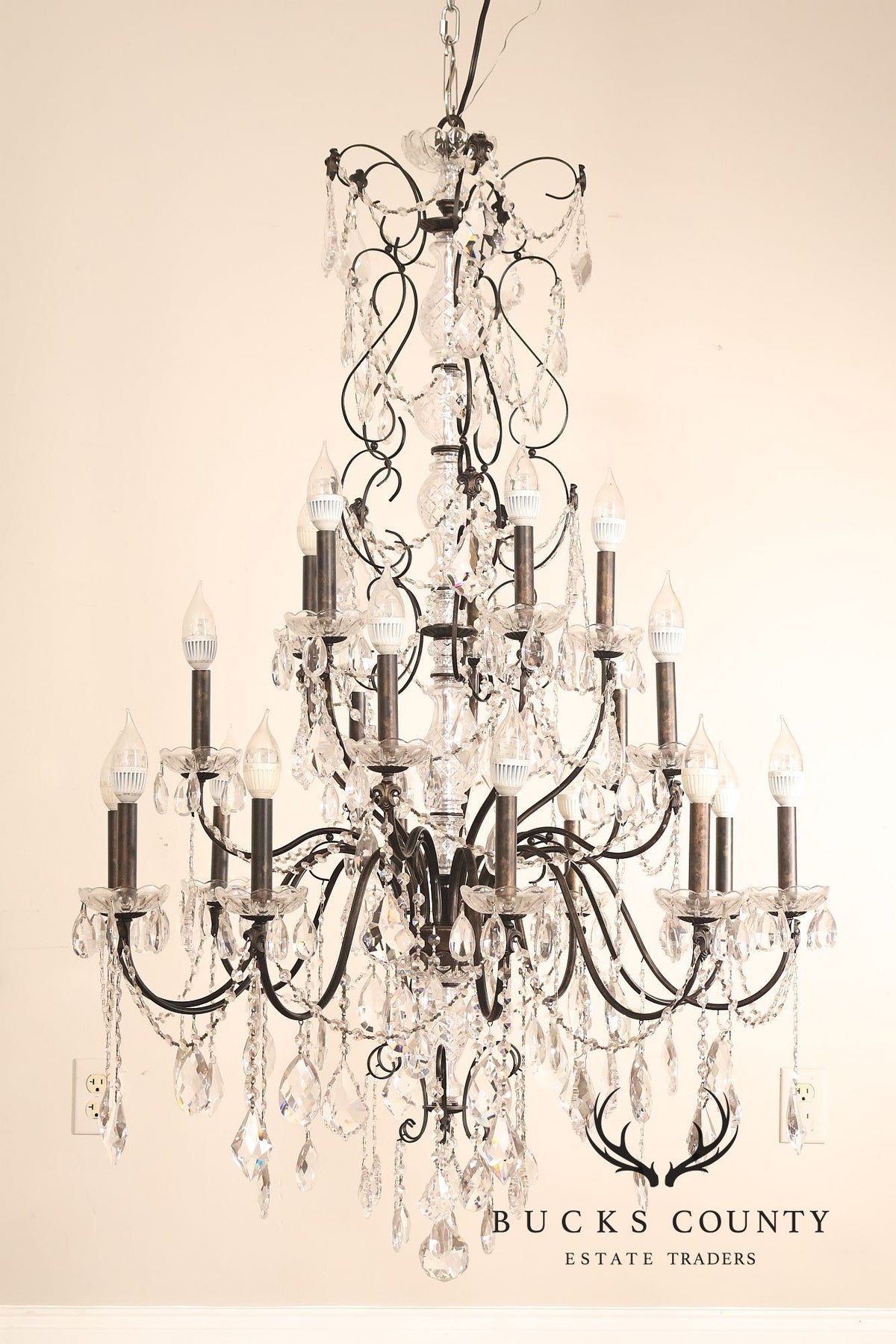Large Twenty-Light Crystal And Wrought Iron 55" Chandelier
