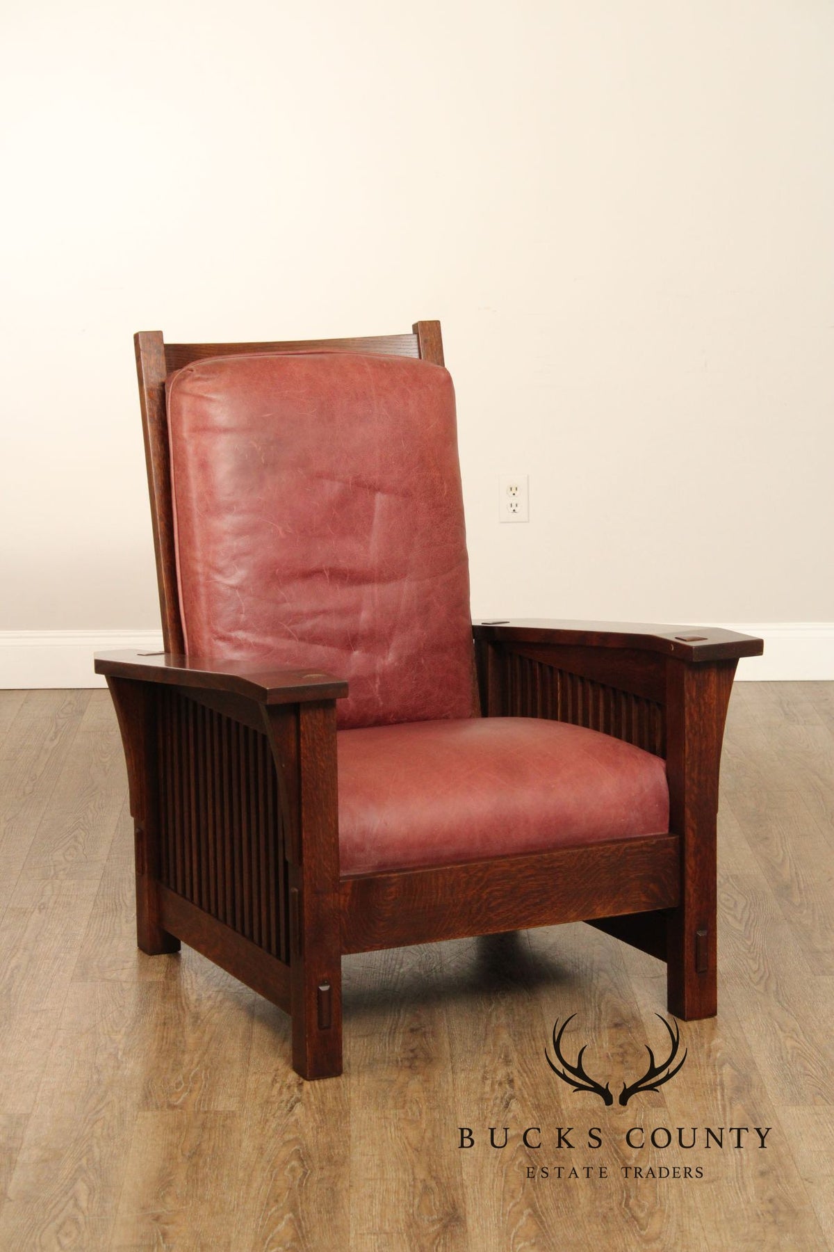 Stickley Mission Collection Oak and Leather Spindle Morris Chair