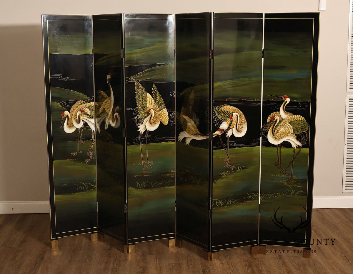 Japanese Style Hand Painted Lacquered Six-Panel Room Divider