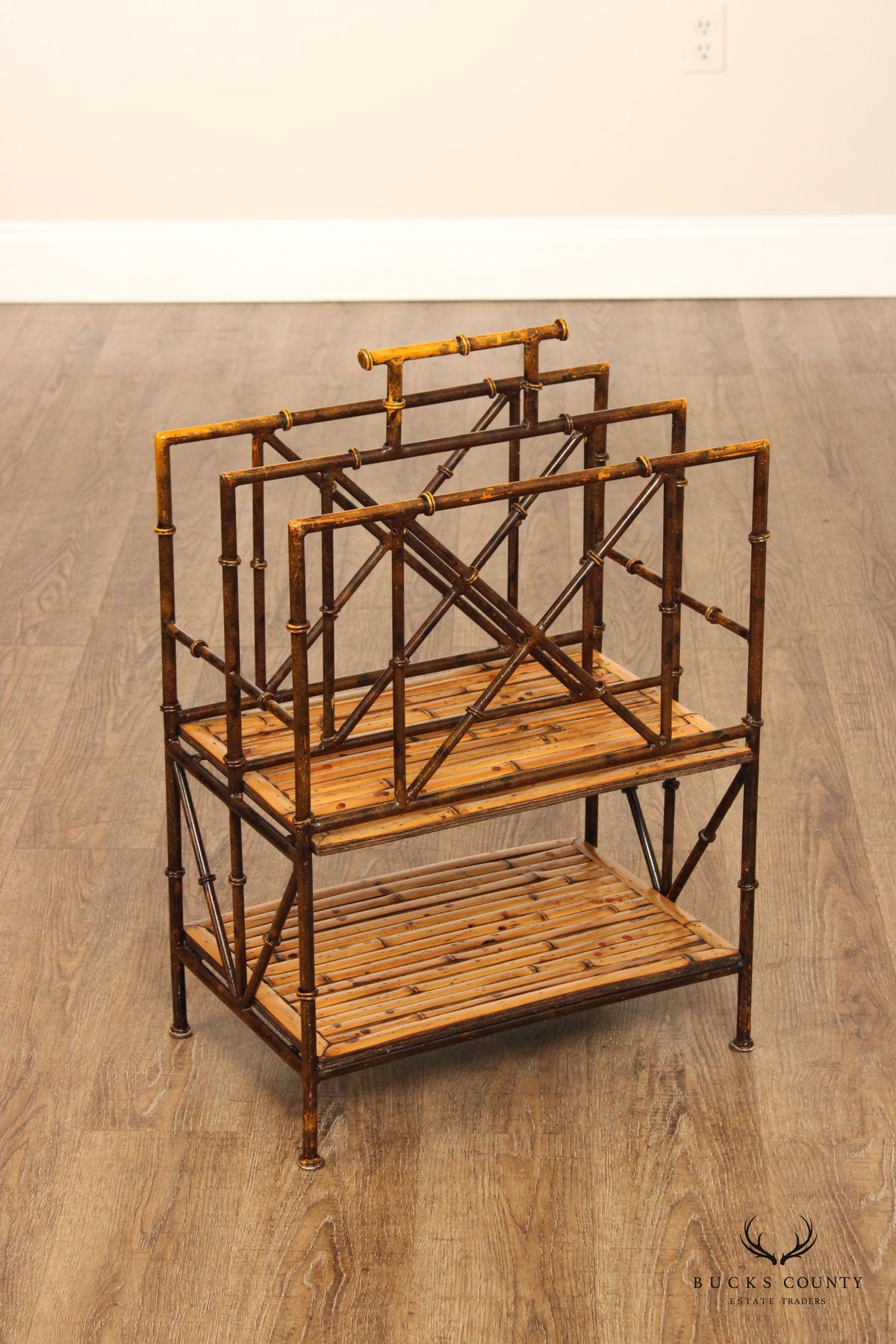 Hollywood Regency Iron and Bamboo Magazine Rack Bookshelf