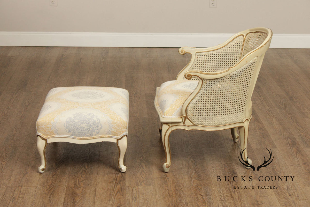 French Provincial Style Barrel Back Caned Lounge Chair and Ottoman
