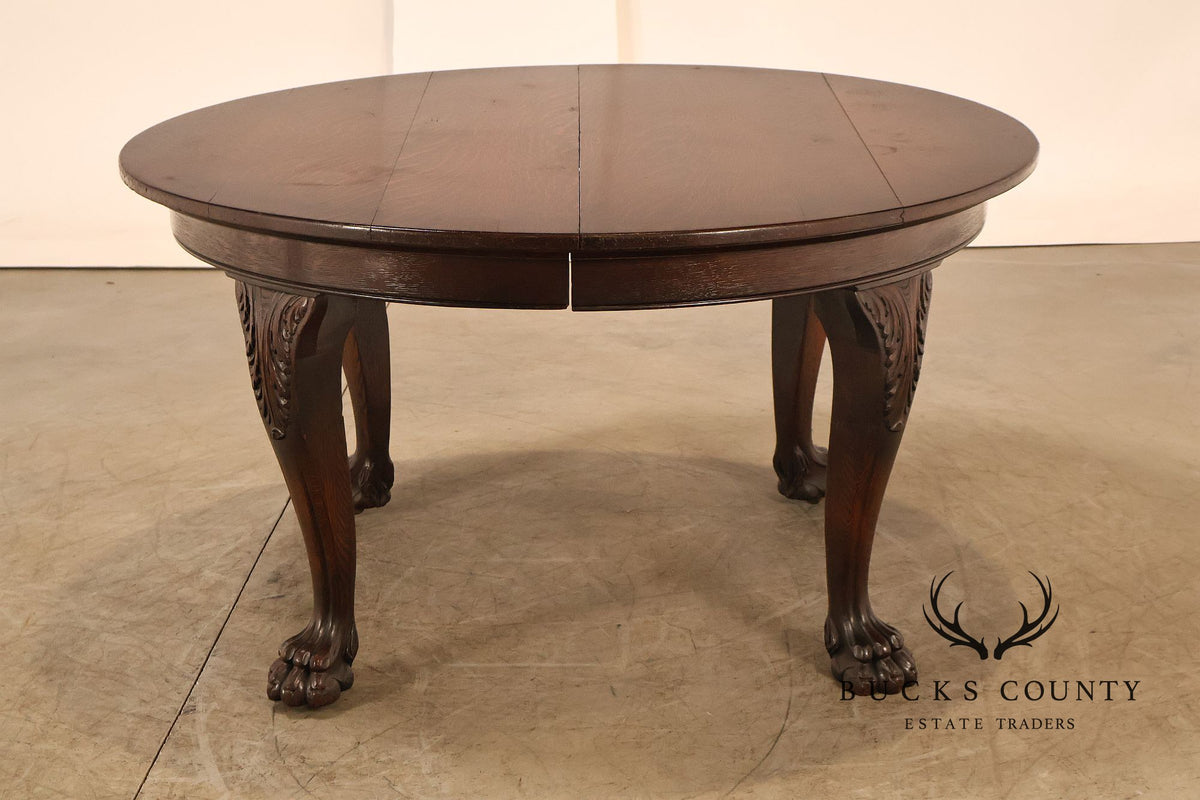 Antique Renaissance Revival Round Oak Expandable Dining Table