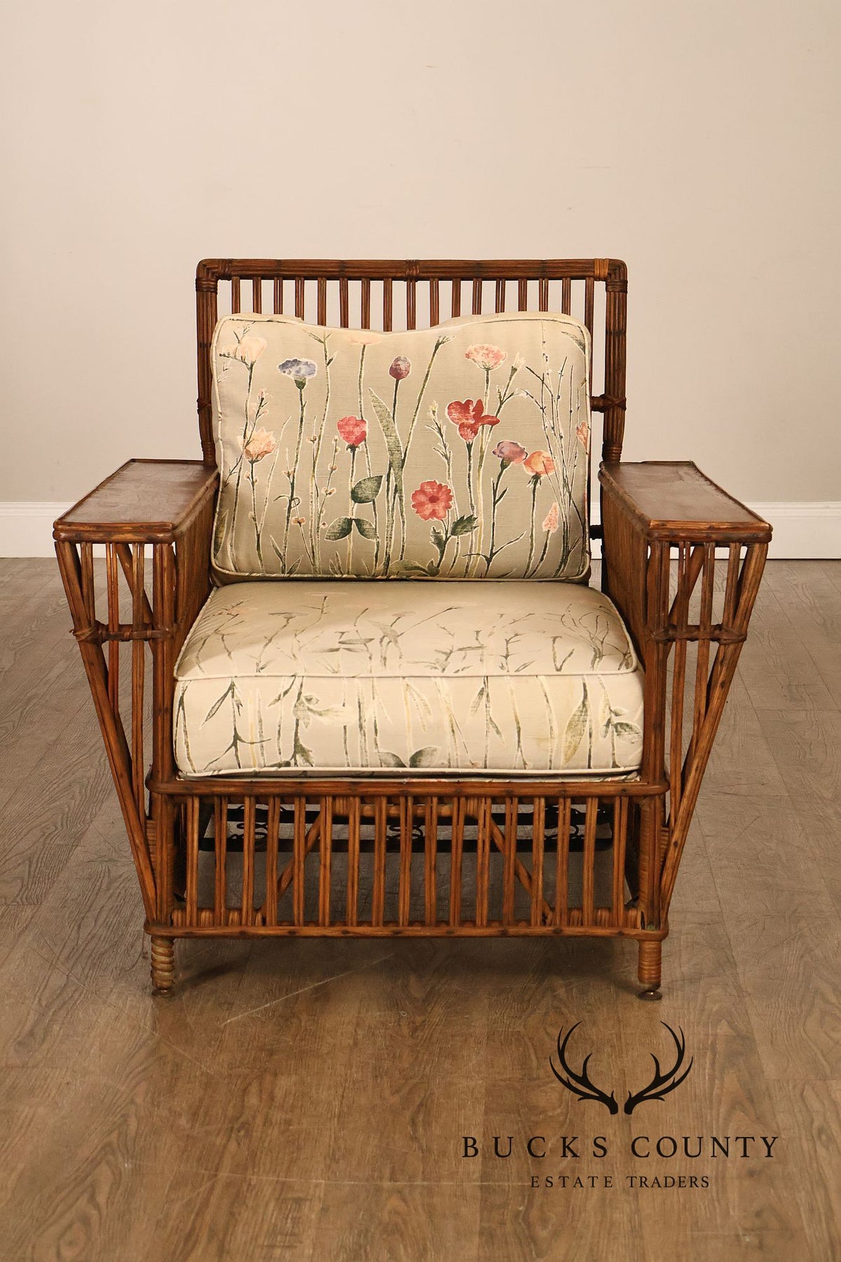 Antique Pair Of Split Reed Rattan Lounge Chairs