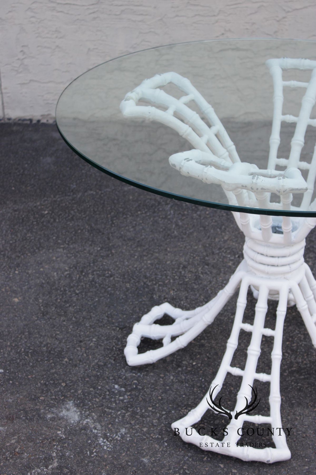 Hollywood Regency Cast Aluminum Faux Bamboo Round Glass Top Patio Table