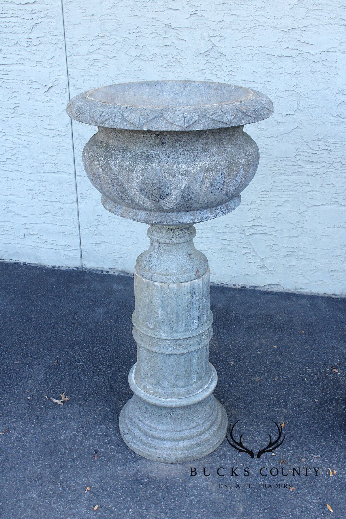Vintage Pair Of Carved Granite Three Piece Garden Urns On Pedestals